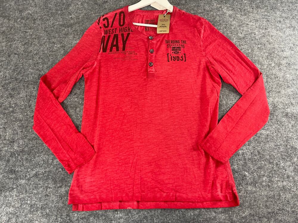 Camp David Shirt Mens Medium Red Tee Henley Neck Embroidered Long Sleeve N319